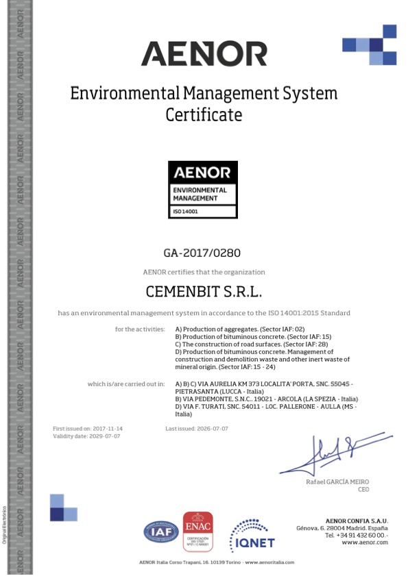 AENOR Certificato del sistema di Gestione Ambientale